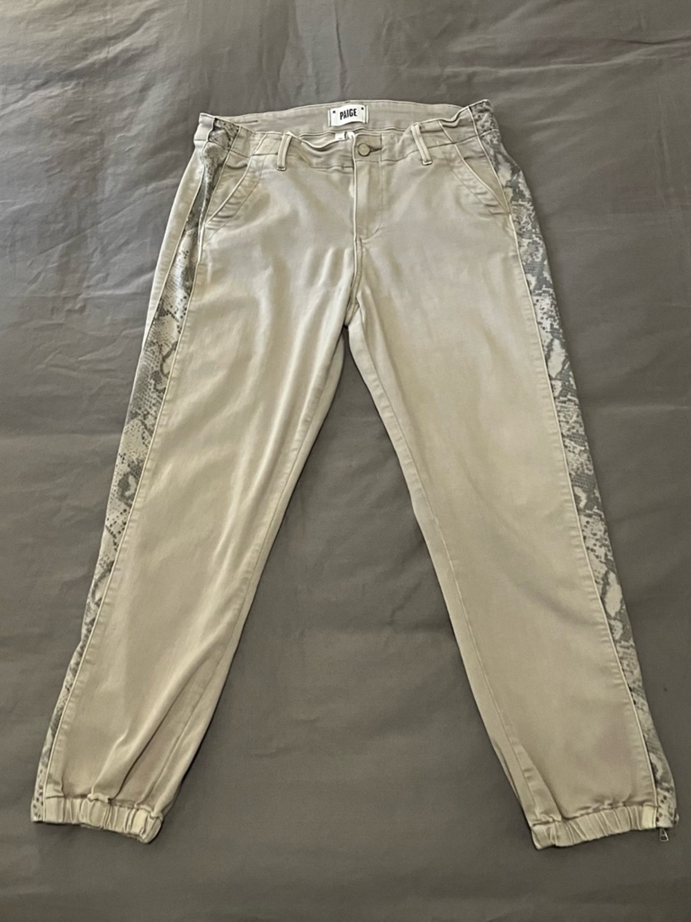 PAIGE Women's Beige Jogger Jeans with Grey Snake-Print Side Stripes